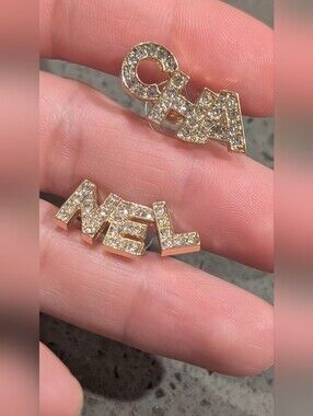 Gold Crystal Cha NeL Letter Stud Earrings - Inspired Jewelry